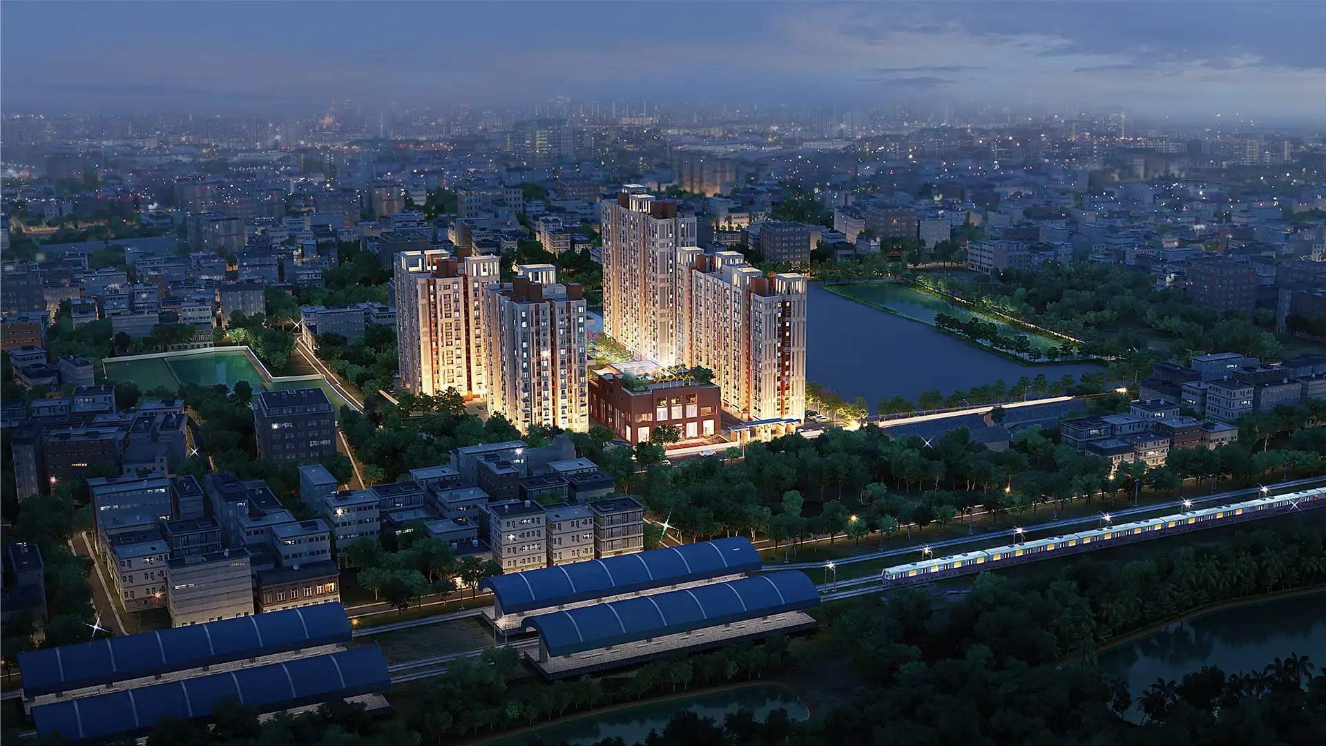 Night Aerial View at Urban Lakes